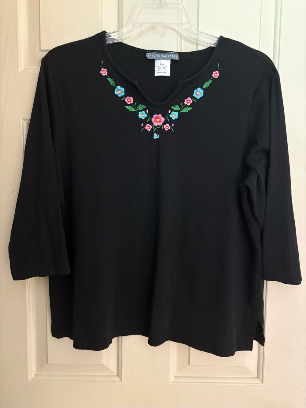 Jessica Holbrook Black Top with Embroidered Floral Neckline Size 1x